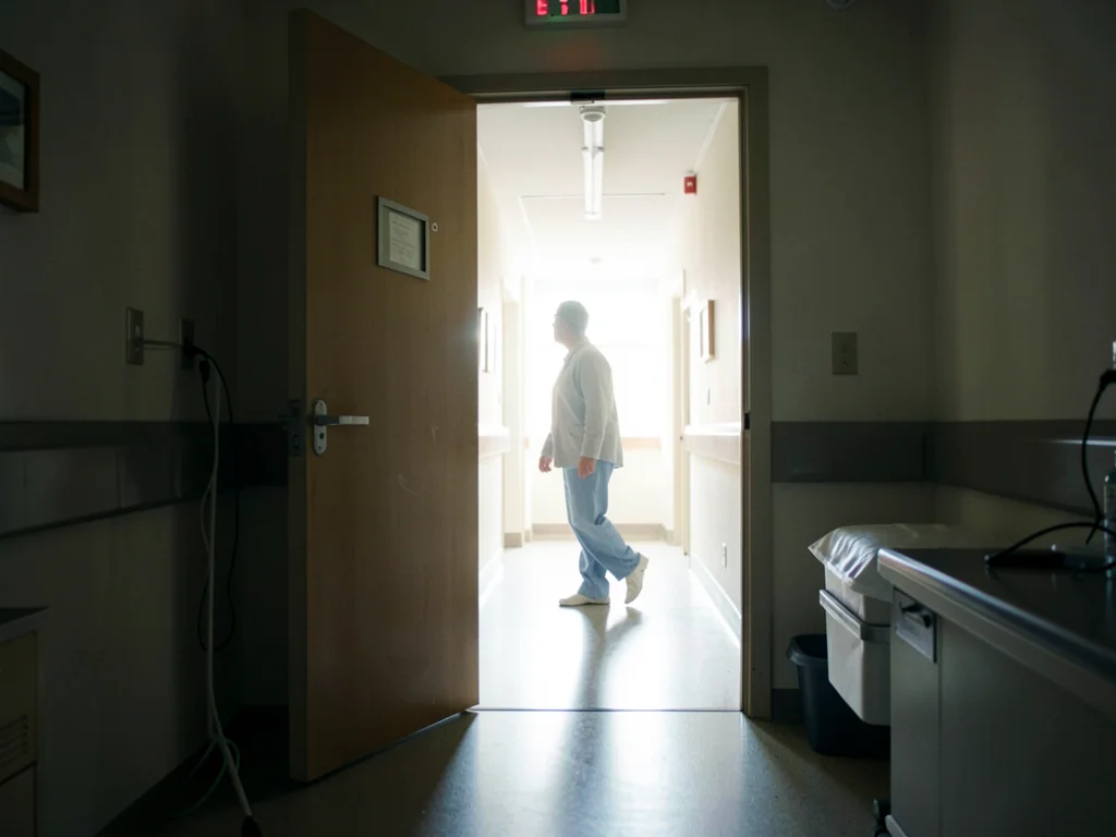 A hospital room door opening to a blindingly bright hallway, a figure half-throu