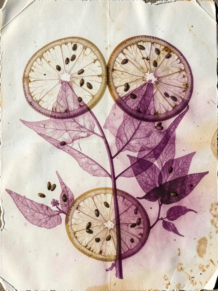 Sliced citrus rounds pressed flat, seeds and membrane visible like x-ray, ghostl