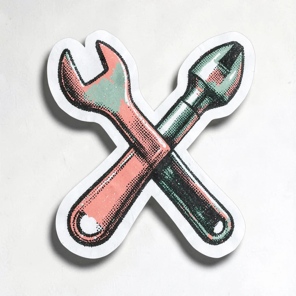 Bram-screenpress style sticker of a halftone wrench and screwdriver crossed in c