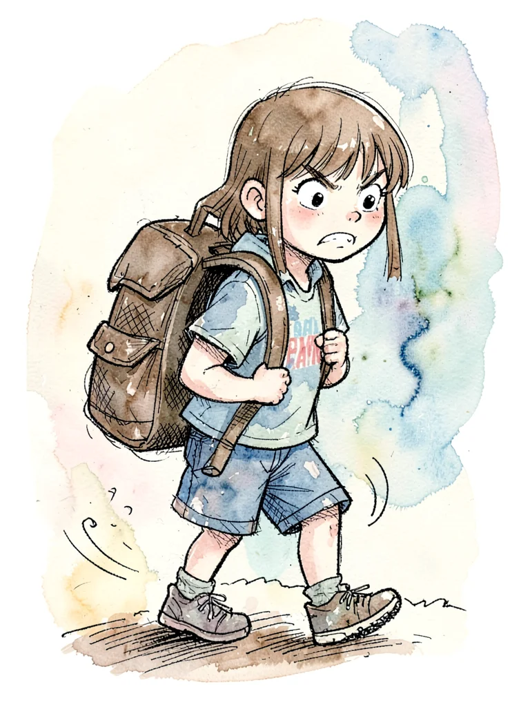 Determined girl with heavy backpack