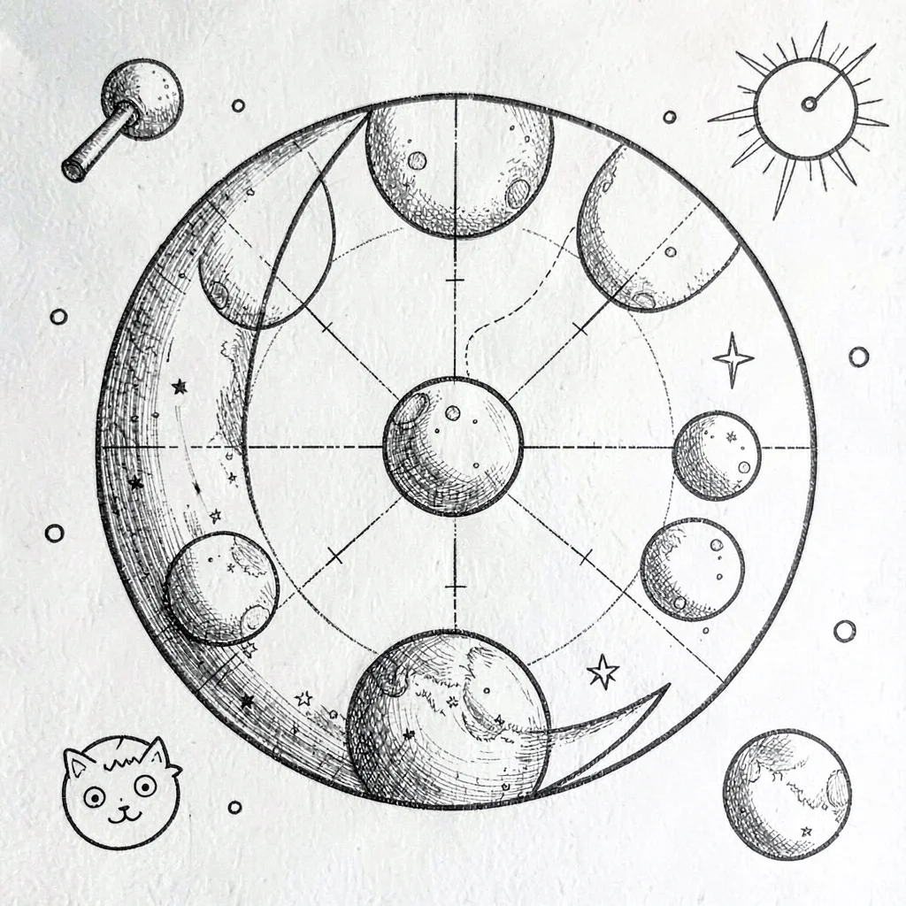 hand-drawn lunar phase chart, simple icons, no text