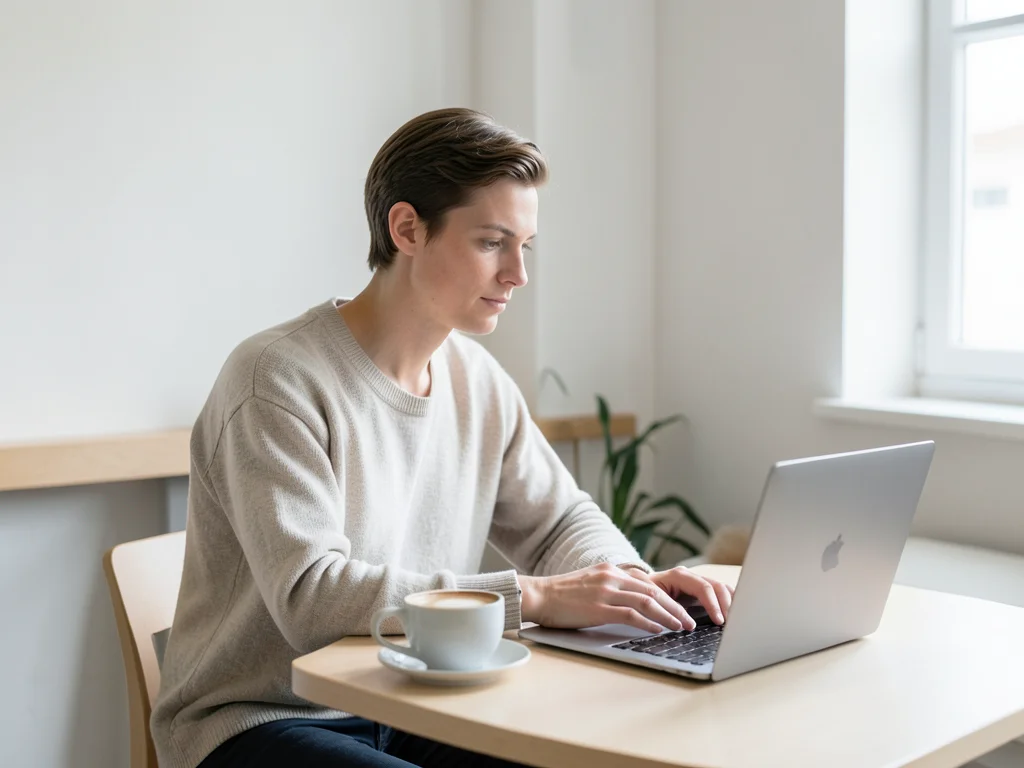 Freelancer working from a bright café, latte and pastry beside an open MacBook