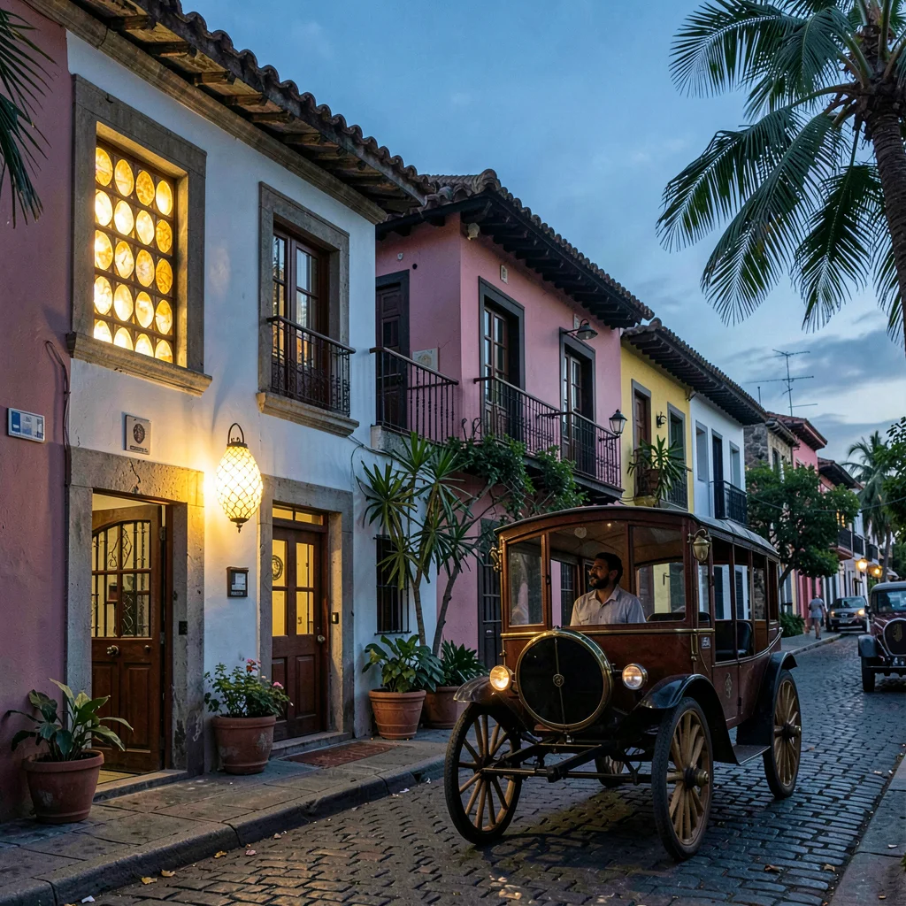 Vigan colonial heritage, Spanish-Filipino fusion, capiz shell lantern glowing at