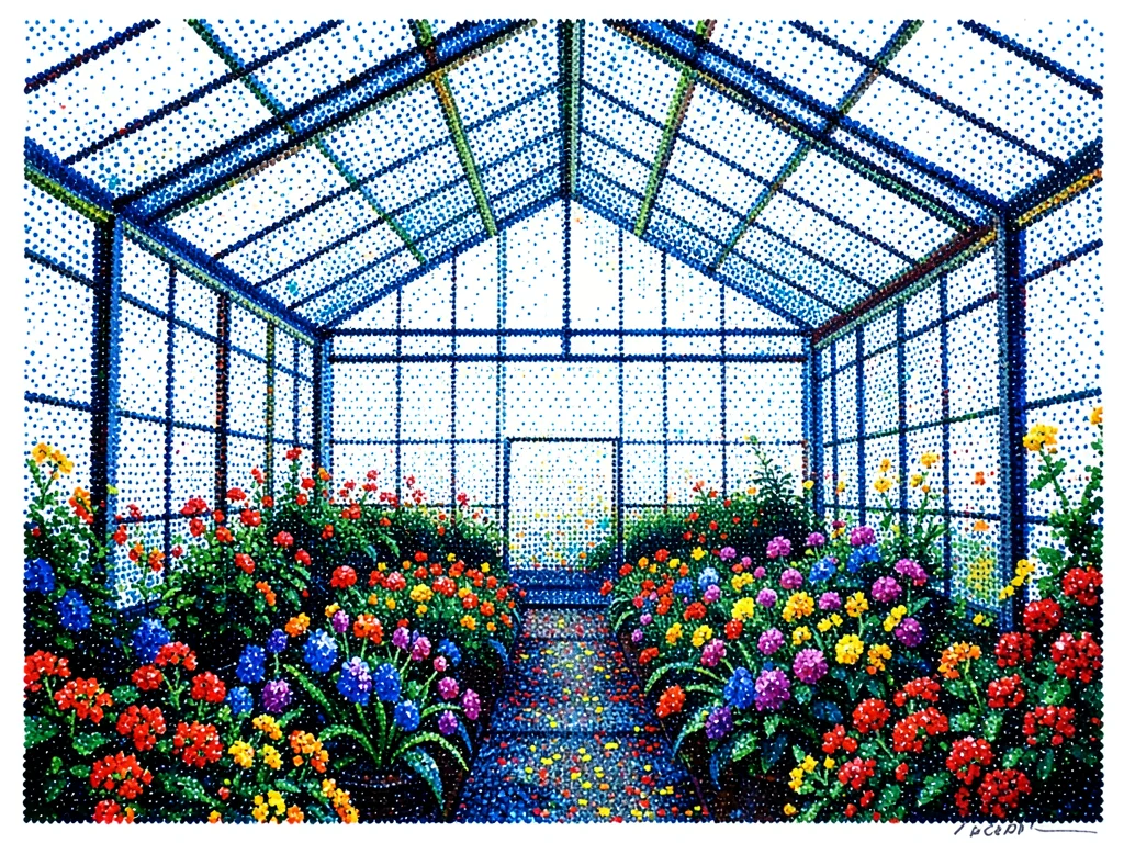 Interior of a greenhouse — glass structure overhead, plants as dot-color masses 
