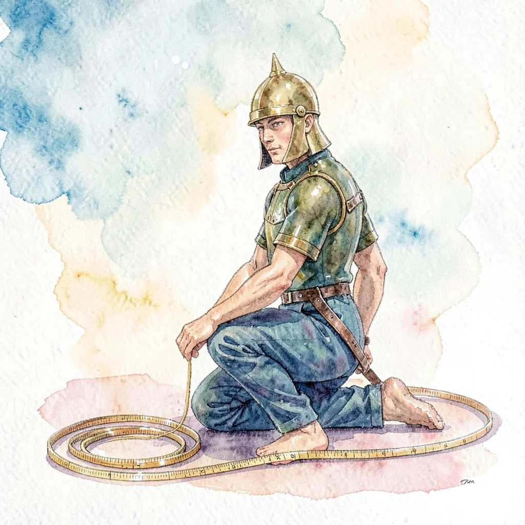 Brass-helmeted figure kneeling on one knee, gauge rim gleaming, signal-line coil