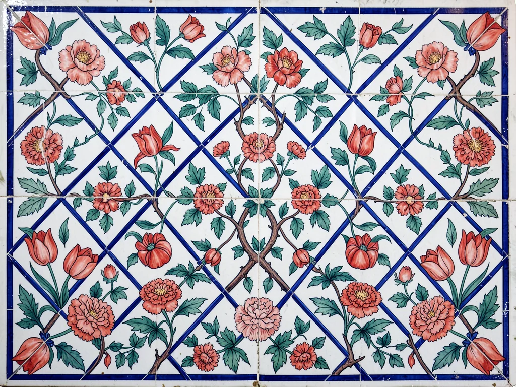 Diagonal lattice tile with flowering branches filling each diamond compartment