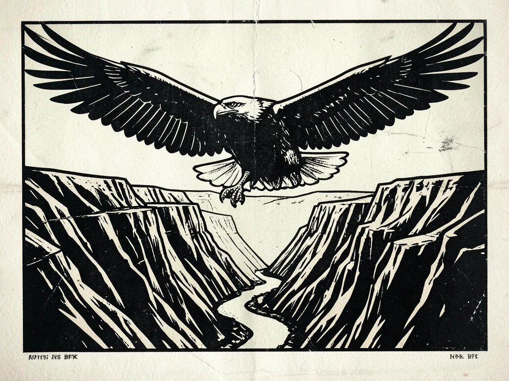 An eagle soaring over a canyon, wings fully spread, the Colorado River visible a