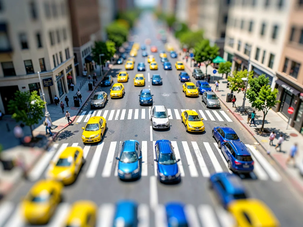 High-rise tilt-shift photograph of a busy avenue at noon, saturated lemon taxis 