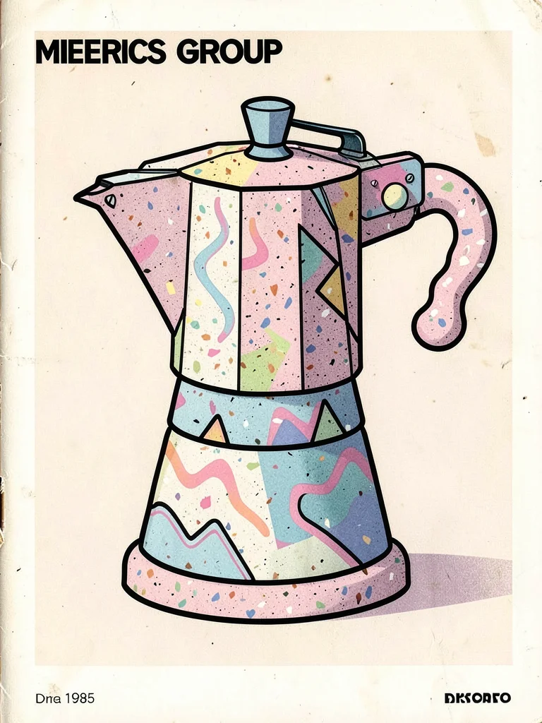 Coffee maker redesigned Memphis style, terrazzo body, squiggle handle, pastel bu