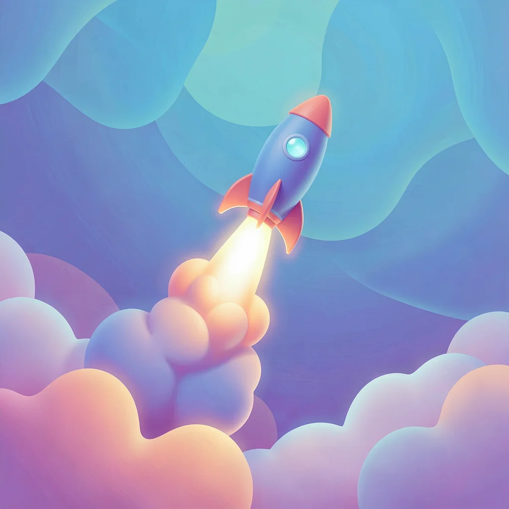 Organic blob gradient illustration, rocket launch with exhaust blob trail , soft
