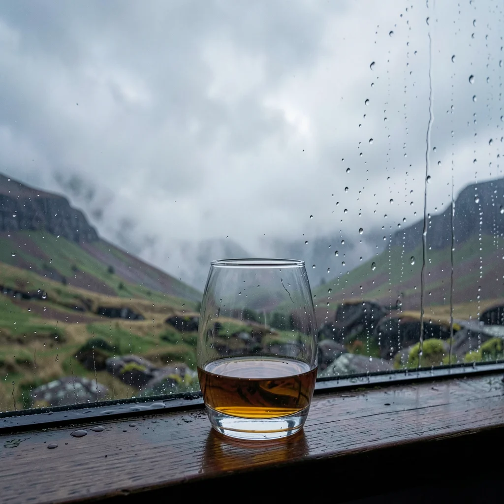 Highland atmospheric mist, Skye grey-green-purple, Whisky glass on windowsill, r