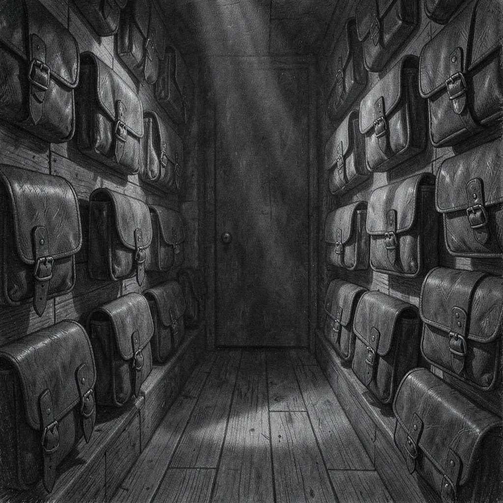 Atmospheric charcoal interior of a wall of leather camera bags receding into sha