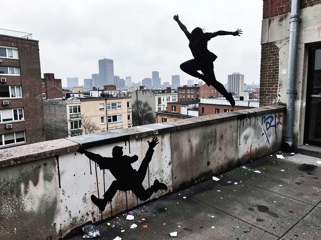 Silhouette of a person leaping between buildings, stencilled on a rooftop parape