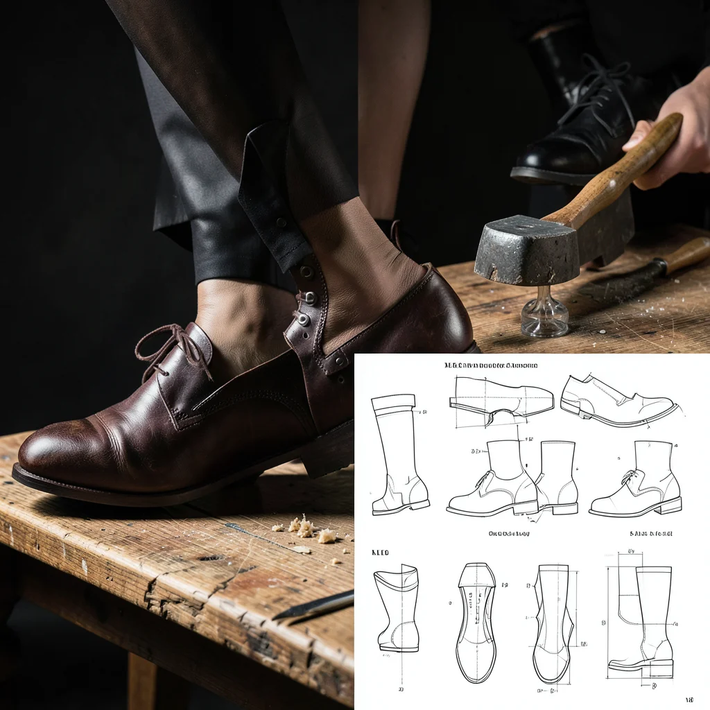 Shoe photograph transitioning to cobbler's technical pattern layout