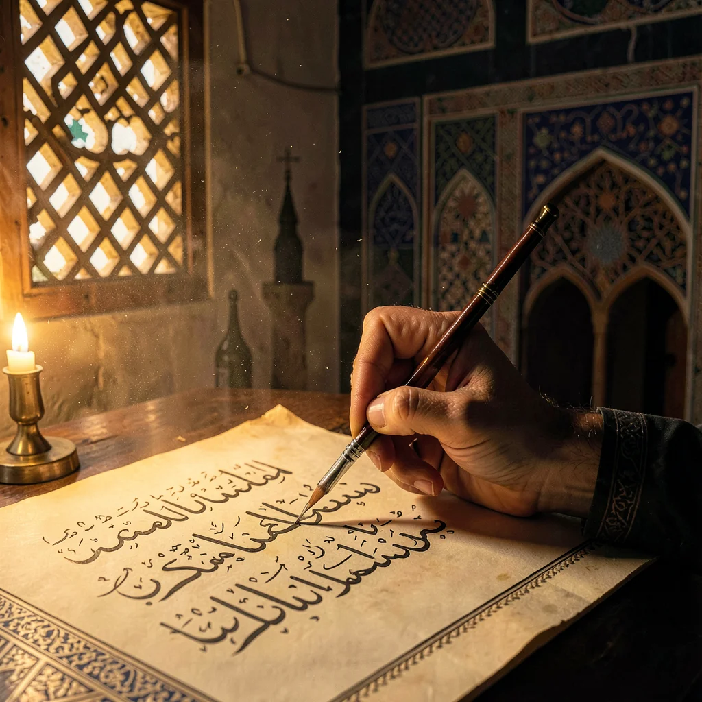 Islamic Cairo geometry, medieval city light, calligrapher hand moving brush acro