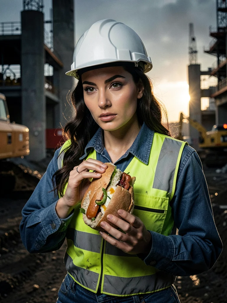 Lunch break portrait, worker with sandwich, casual elegance in repose
