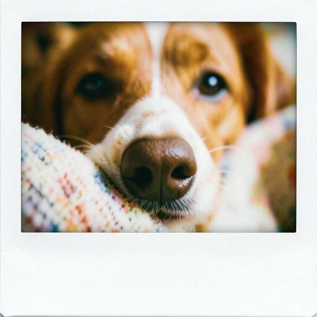A dog's nose and eyes peeking over a blanket edge, close-up, soft focus on the n