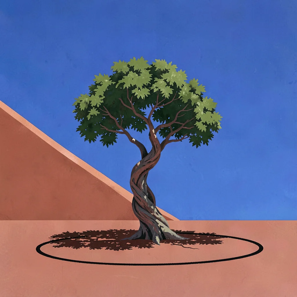Twisted single algarrobo tree clings to a copper-red ridge under a vast lapis sk