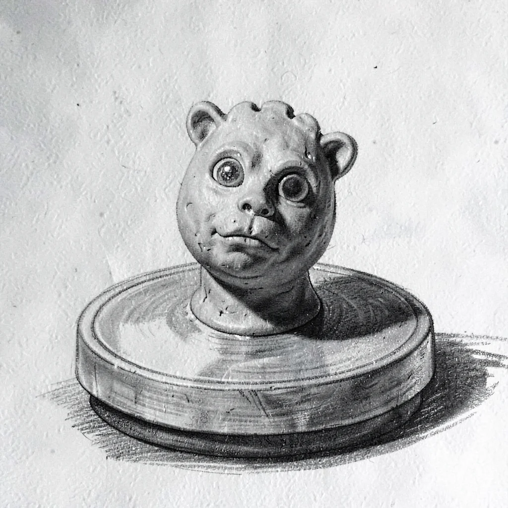 Charcoal sketch of a clay creature bust on a turntable, painterly graphite shado