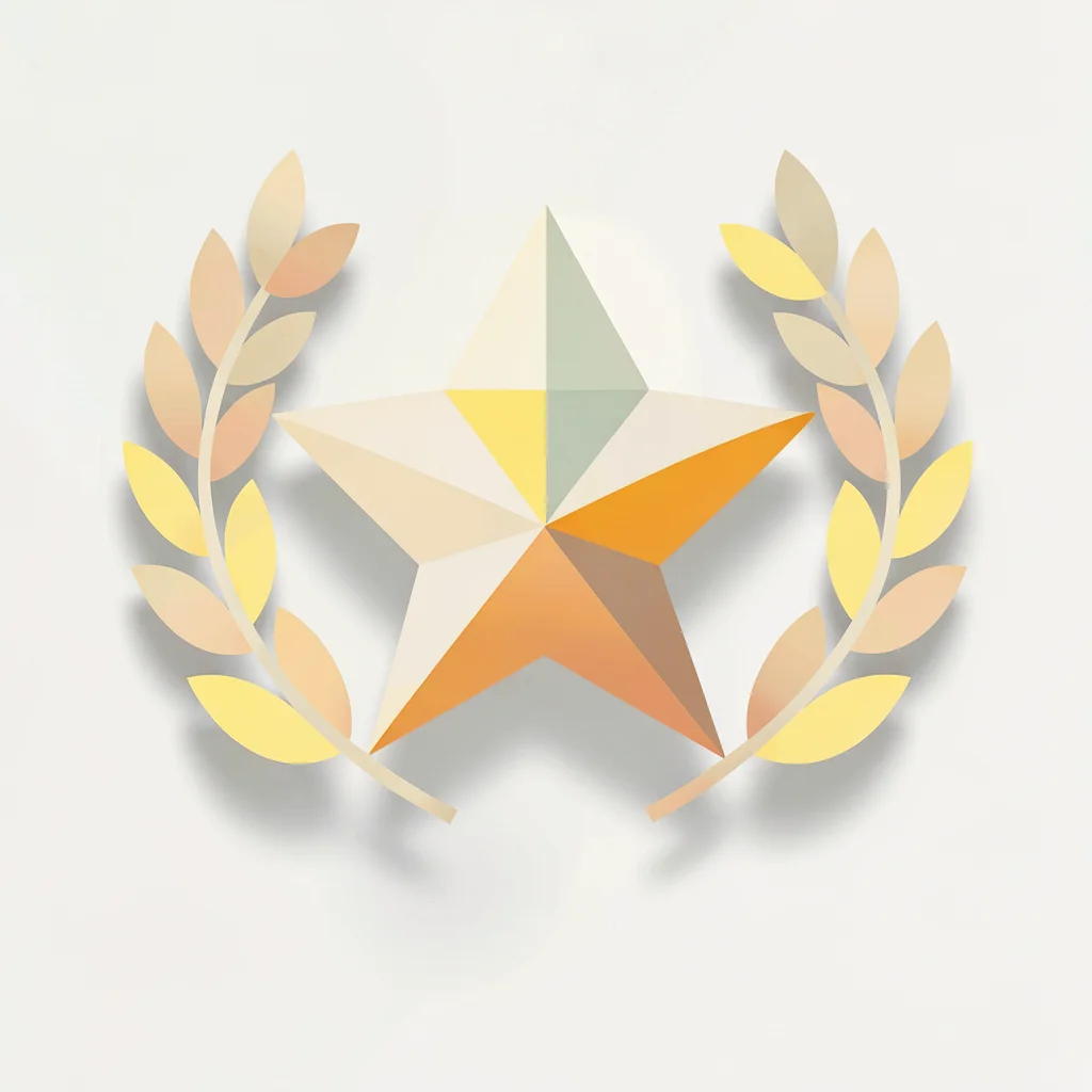 Flat vector achievement badge of a star-shaped gem with rounded laurels, soft dr