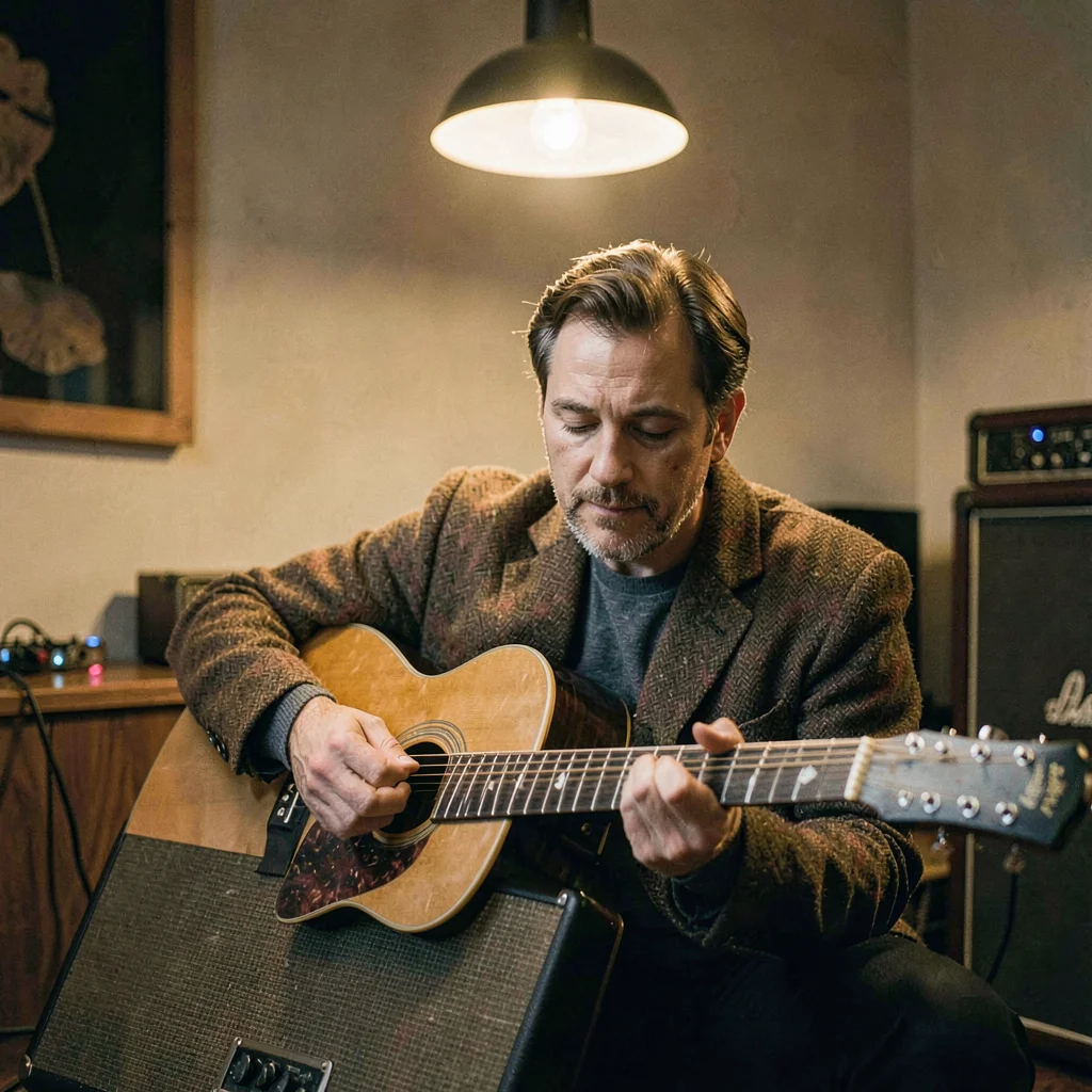 Soft lamp-line portrait of a guitarist tucked into a tweed amp, warm pendant glo