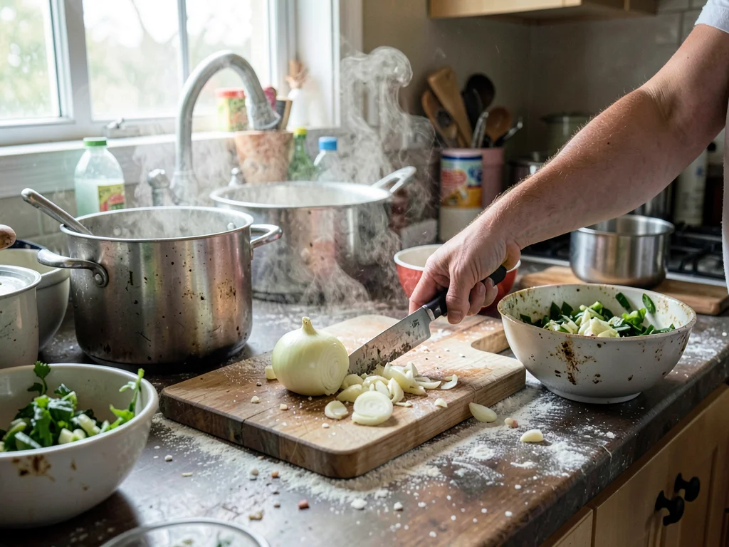 Knife mid-chop on onion-strewn cutting board