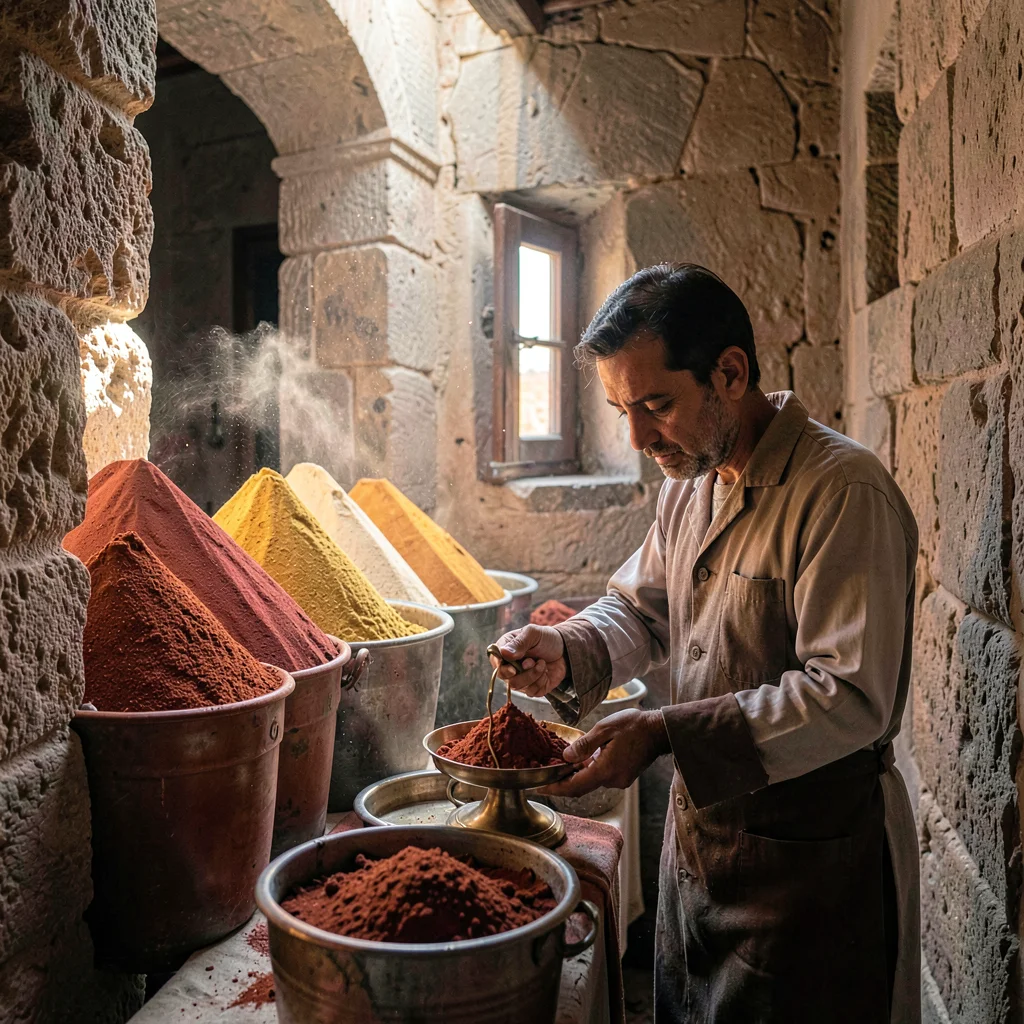 Historic medina photography, labyrinthine old city, A spice merchant measuring o