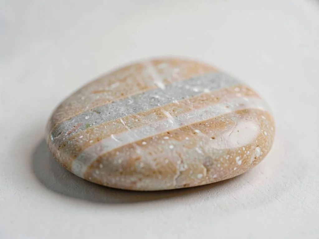 One smooth river stone rests flat showing subtle banded mineral patterns and a s