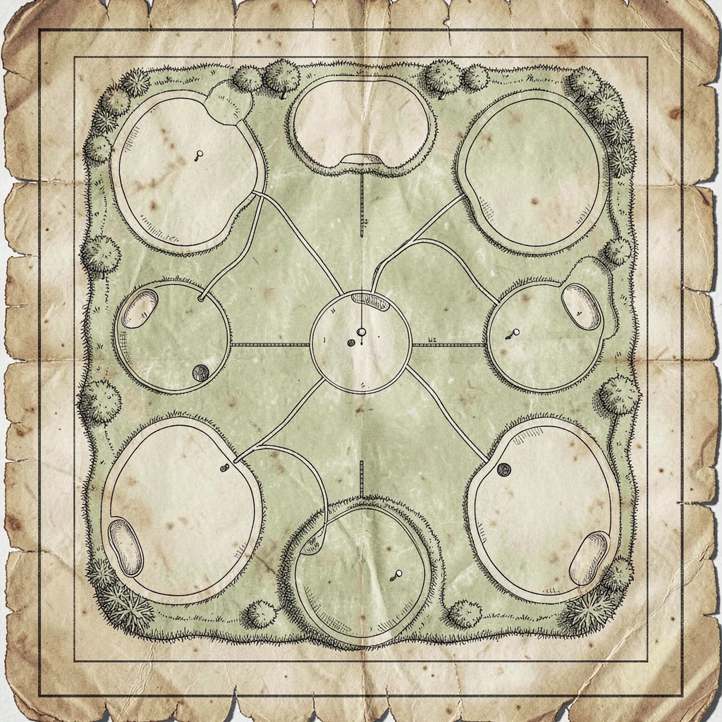 Top-down course map illustration as an aged parchment of a links golf course wit