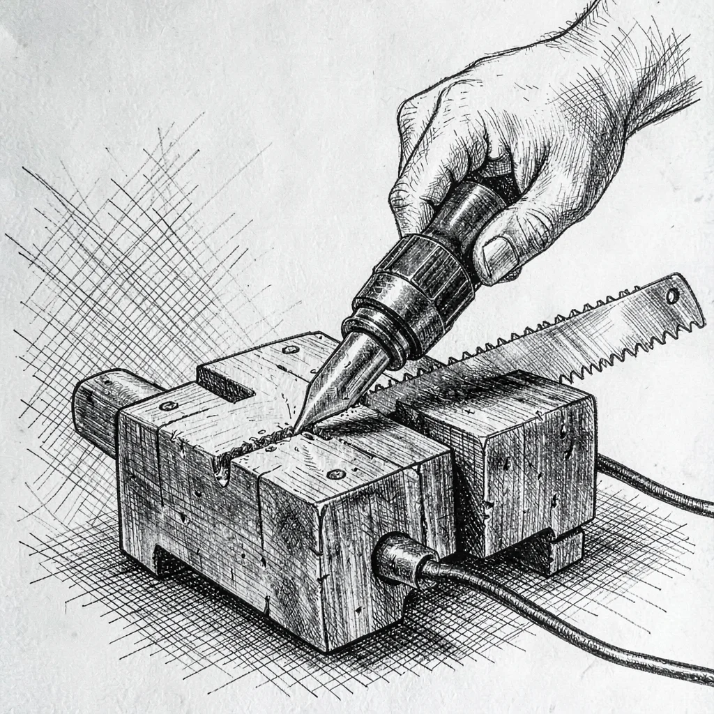 Tight pen-ink drawing of a hand saw clamped in a saw vise mid-filing, cross-hatc