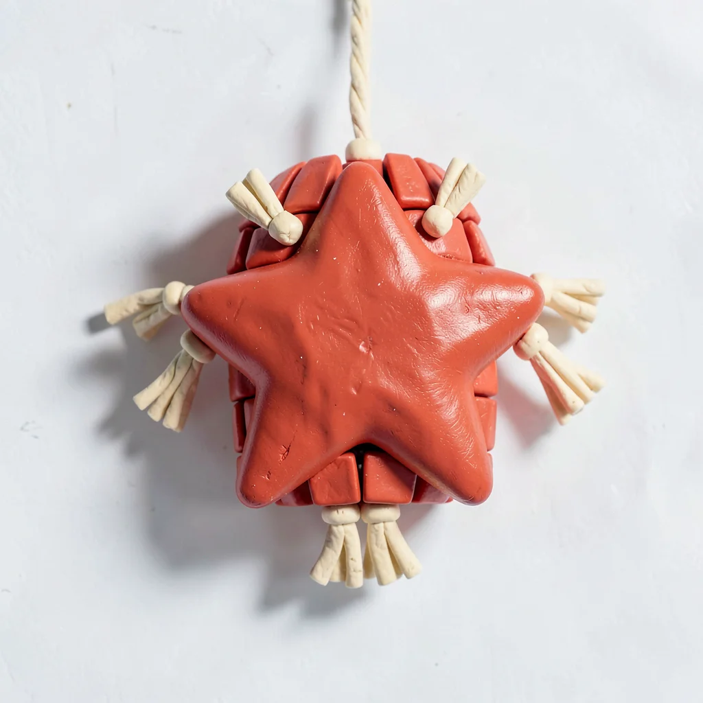 Festive chunky clay piñata in cherry red with stubby cream-toned tassels and ove