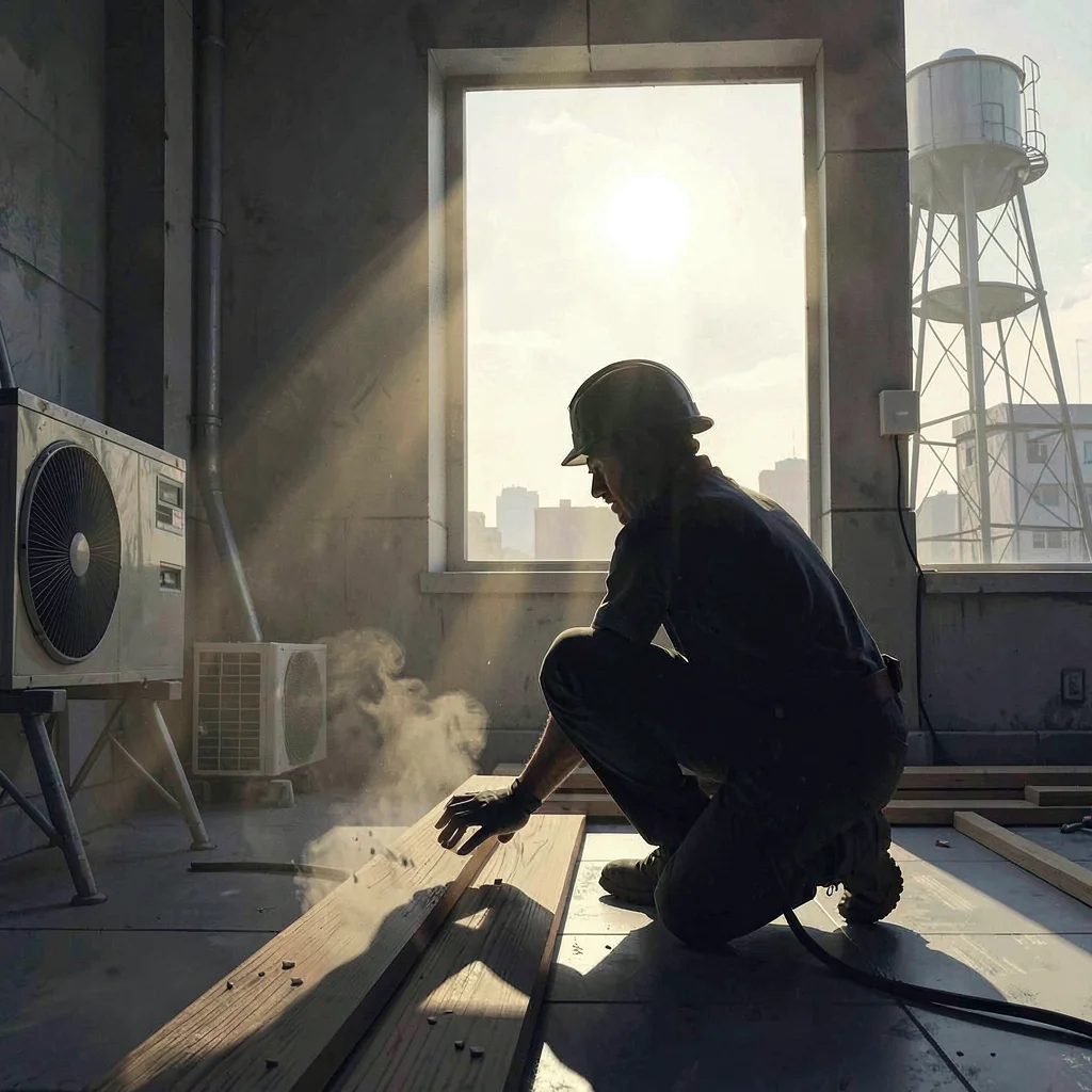 Backlit silhouette of an installer kneeling to set the next plank, sunbeam from 
