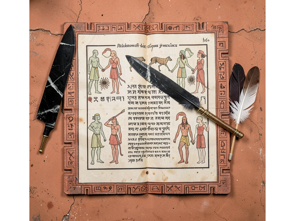 Obsidian blade and feather fan arranged as flat-lay on terracotta surface