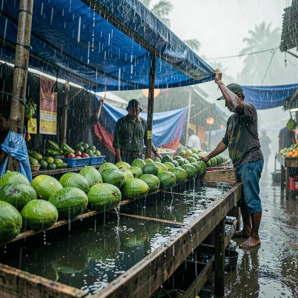 Monsoon season photograph, heavy rain atmosphere, Rain beading on a row of green