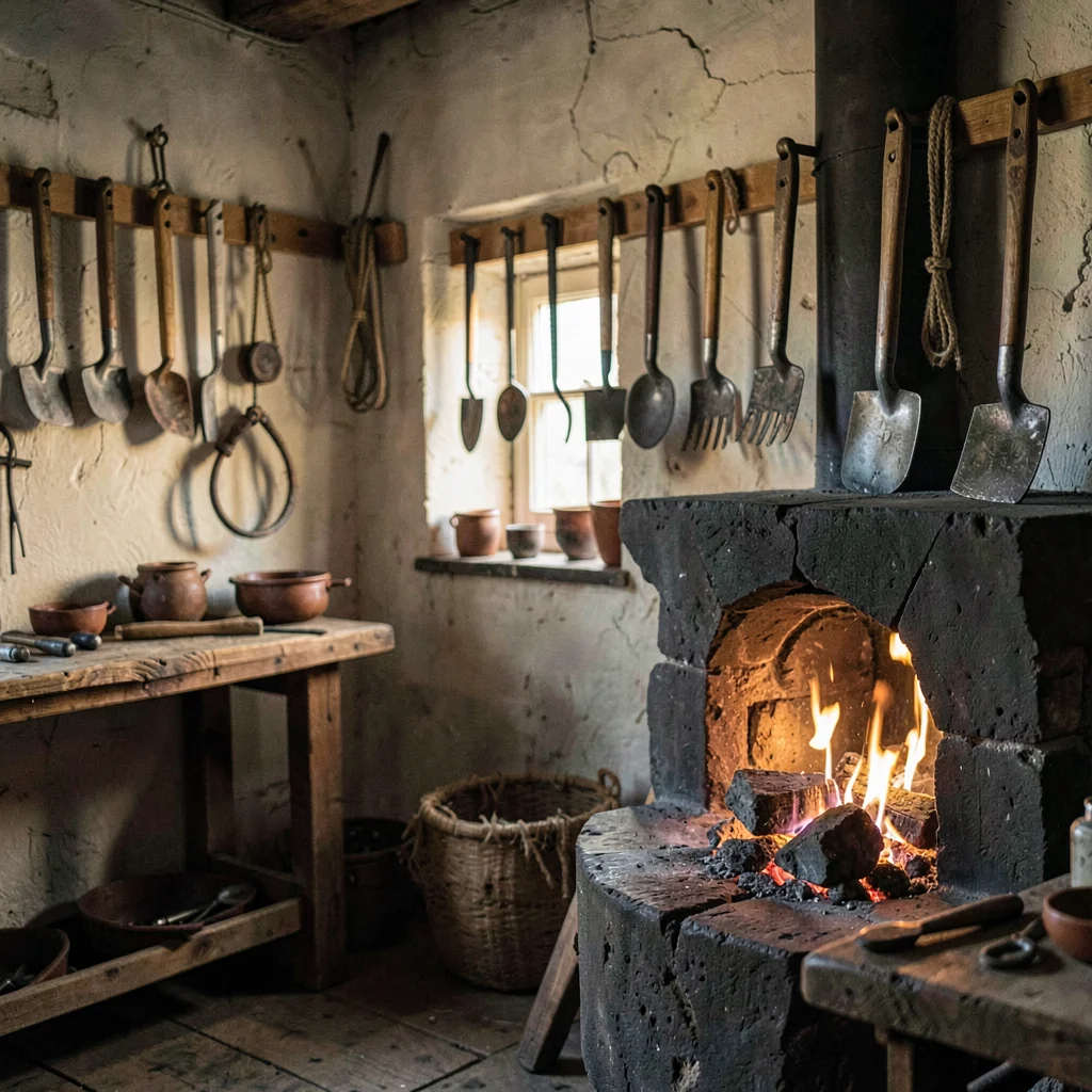 Atmospheric workshop interior of a small forge with finished spades hanging on a