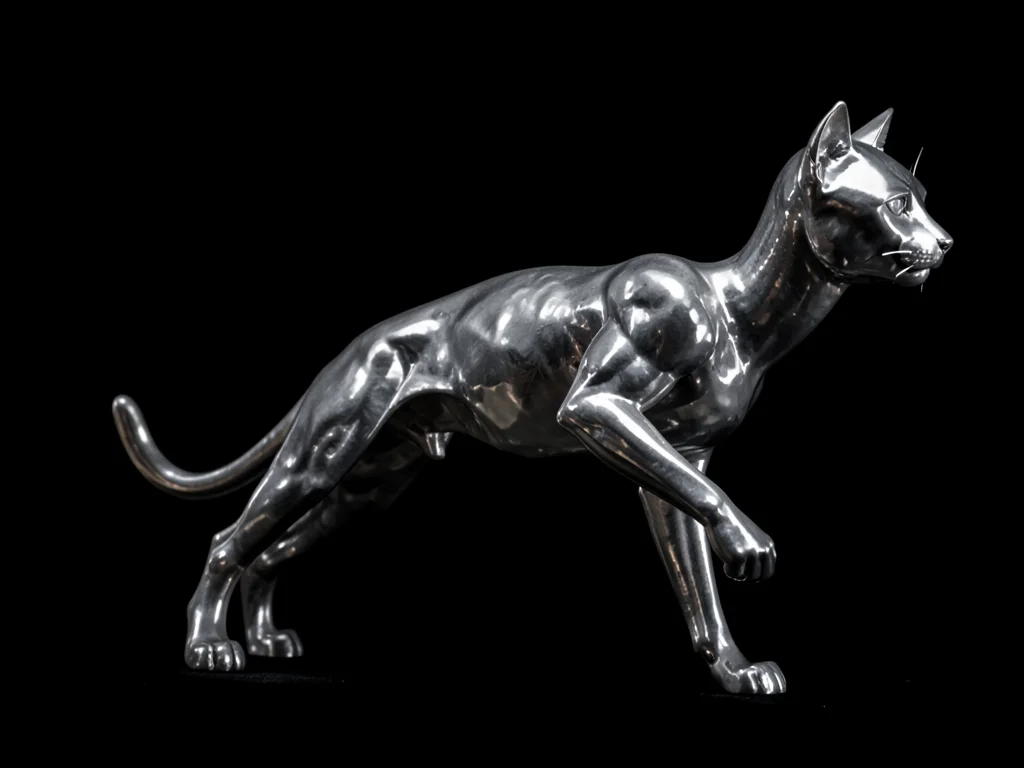Liquid metal cat sculpture mid-stretch, surface catching studio lights, black ba