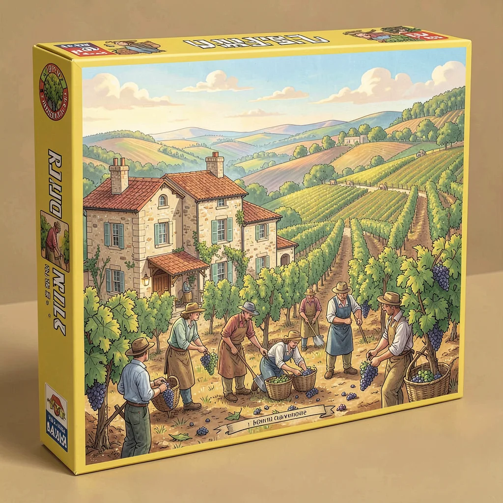 Board game box illustration, a vineyard estate at harvest time, workers gatherin