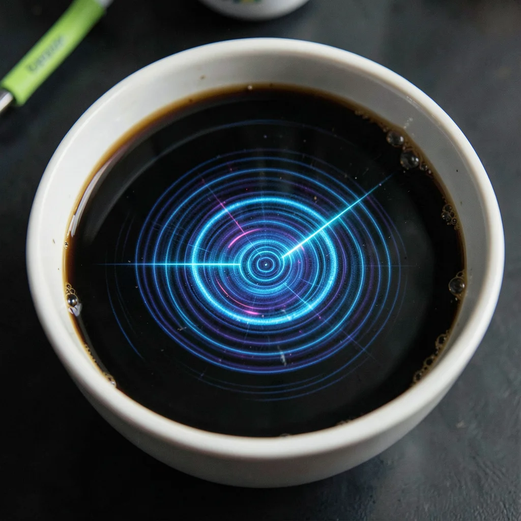 Deep bass note visualized as concentric ripples spreading across black coffee su