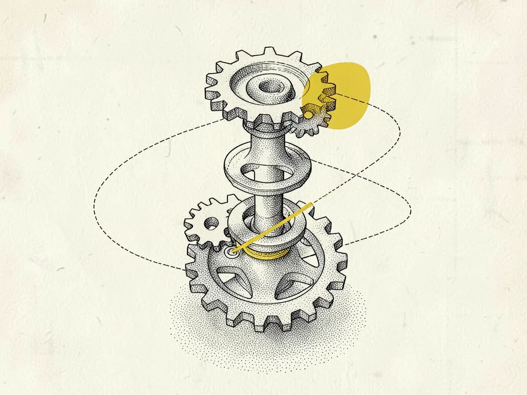 Exploded-view illustration of an abstract device with floating gears and lines o