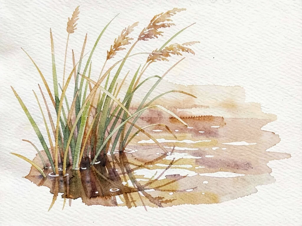 A painterly stand of soft rush grasses leans over slow brown water with reflecti
