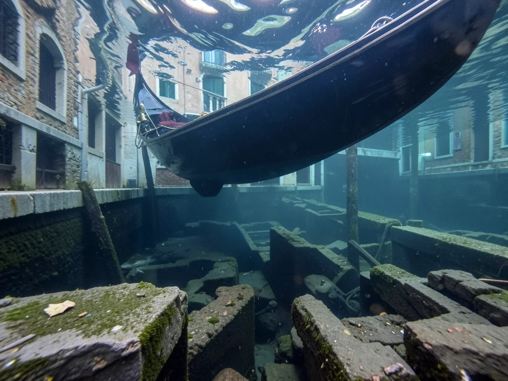 Venetian canal underwater perspective, gondola hull visible above, ancient found