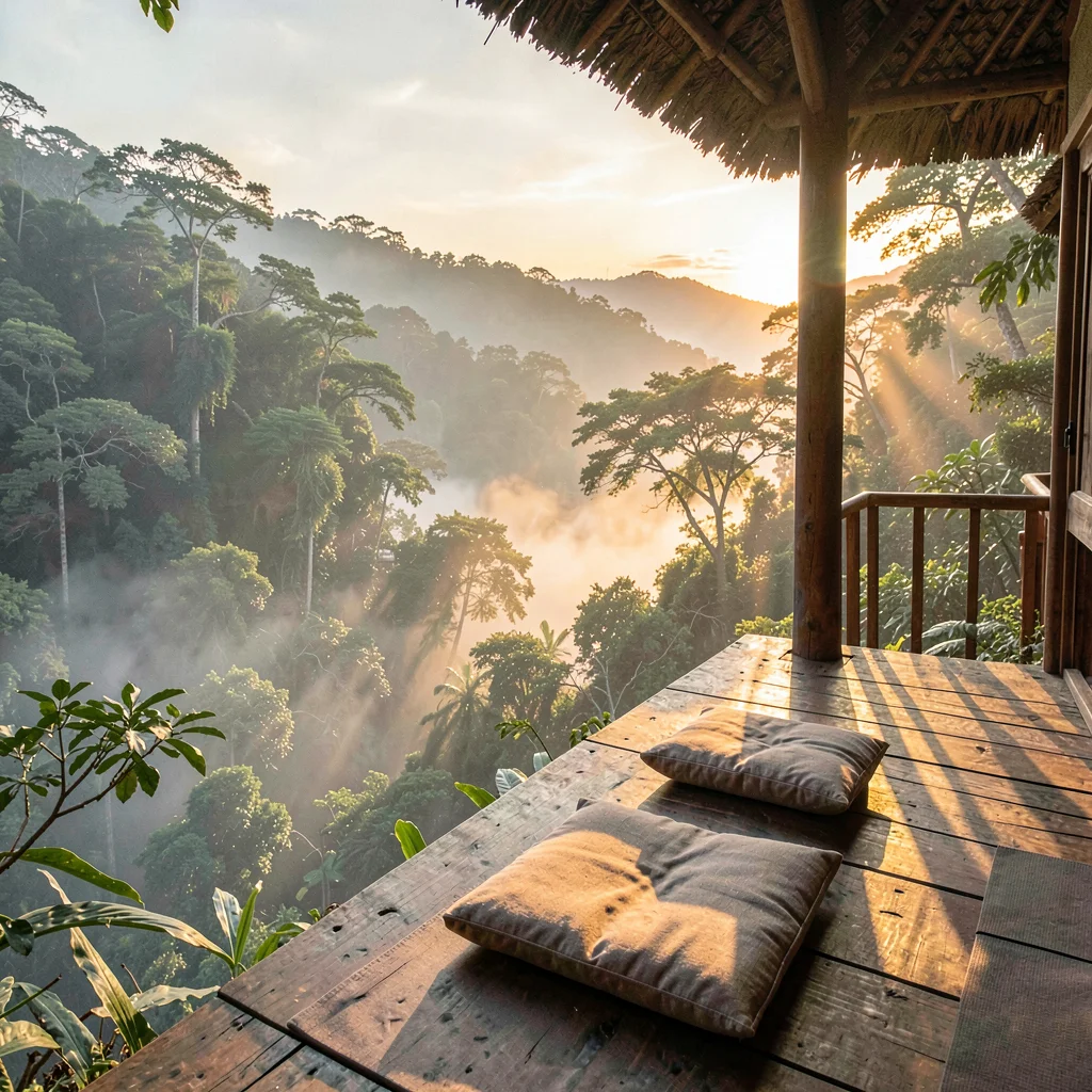 Cloud forest mist layers in Costa Rica, An open-air yoga platform at sunrise, mi