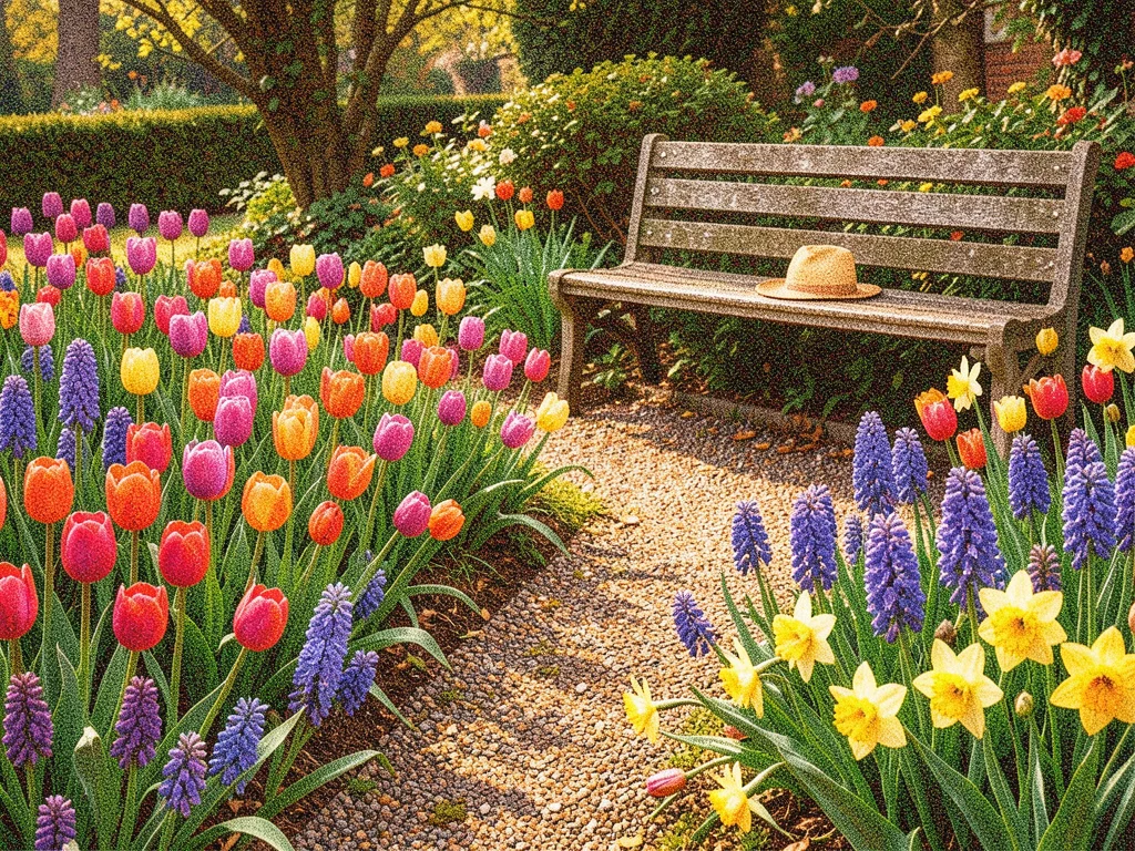 A domestic garden in full spring bloom — tulips, hyacinths, and daffodils crowdi