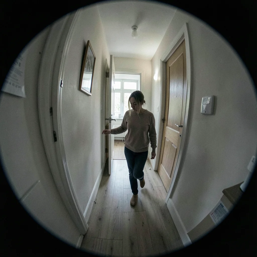 Security camera footage angle of woman entering her own apartment, innocent made