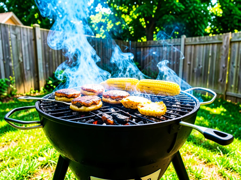 Charcoal grill with burgers and corn, smoke rising, backyard setting