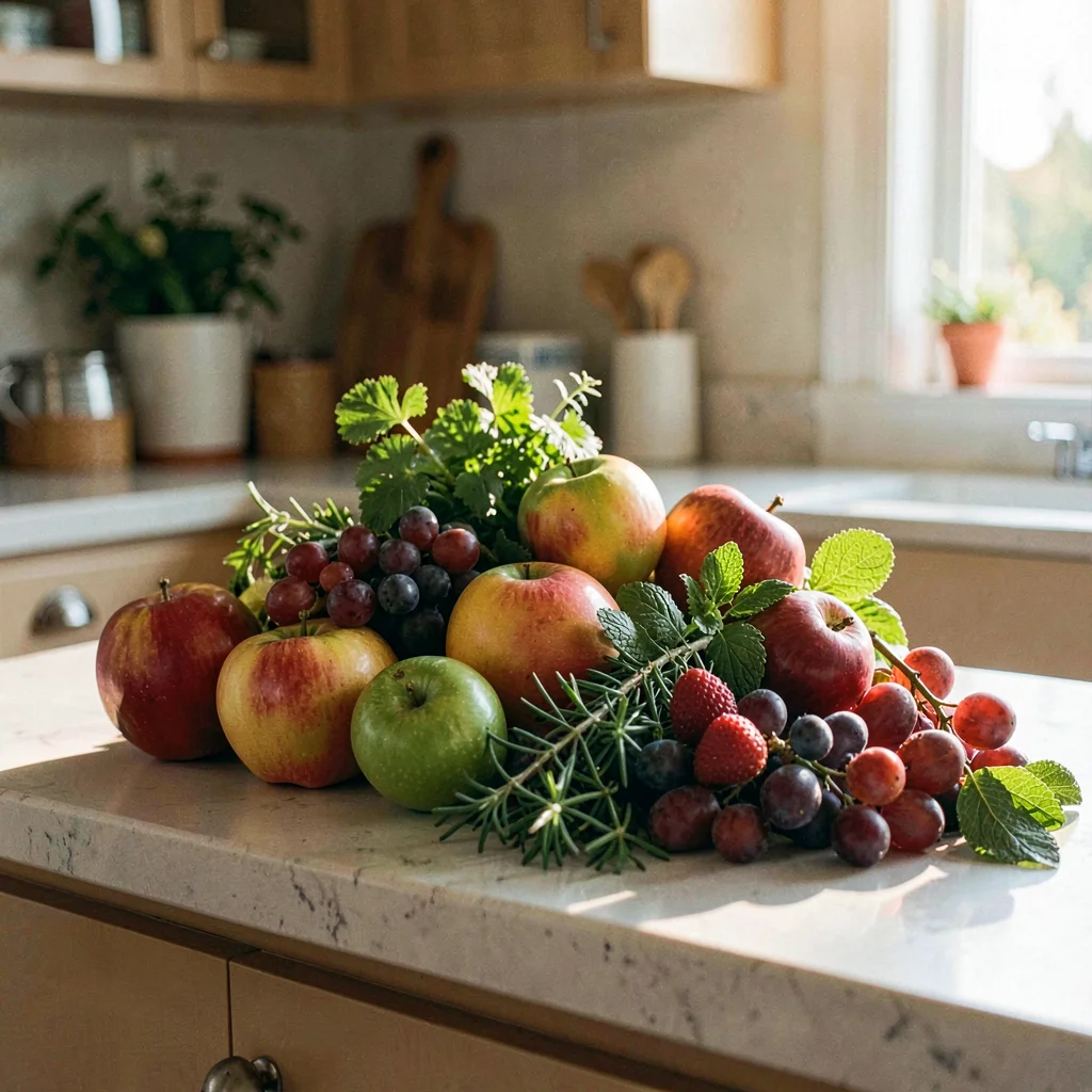 Pile of fresh fruit and herbs on a kitchen counter, warm light
