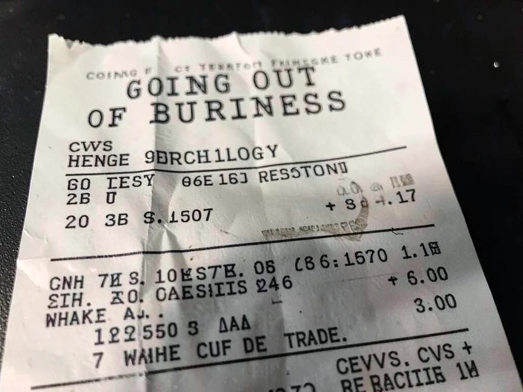 Receipt from last purchase at closing store, "Going Out of Business" on letterhe