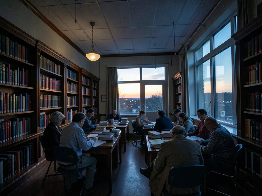Library closing, patrons gathering books, weekend study session ending
