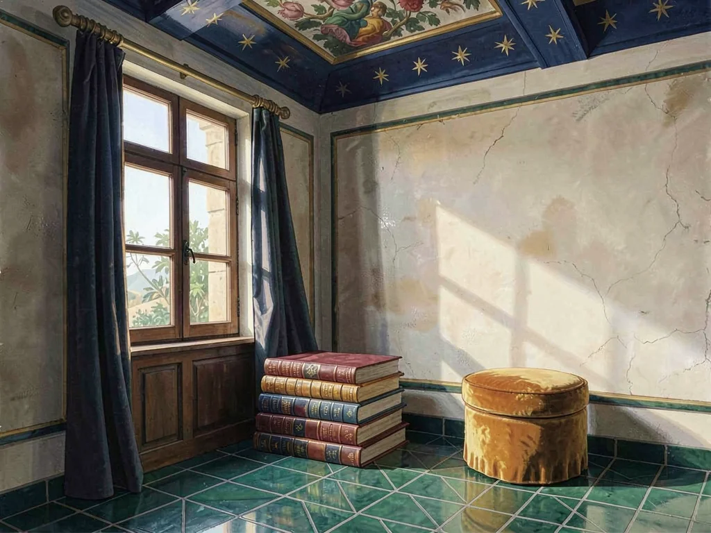 Frescoed renaissance study at late morning with one tall casement, emerald-tile 