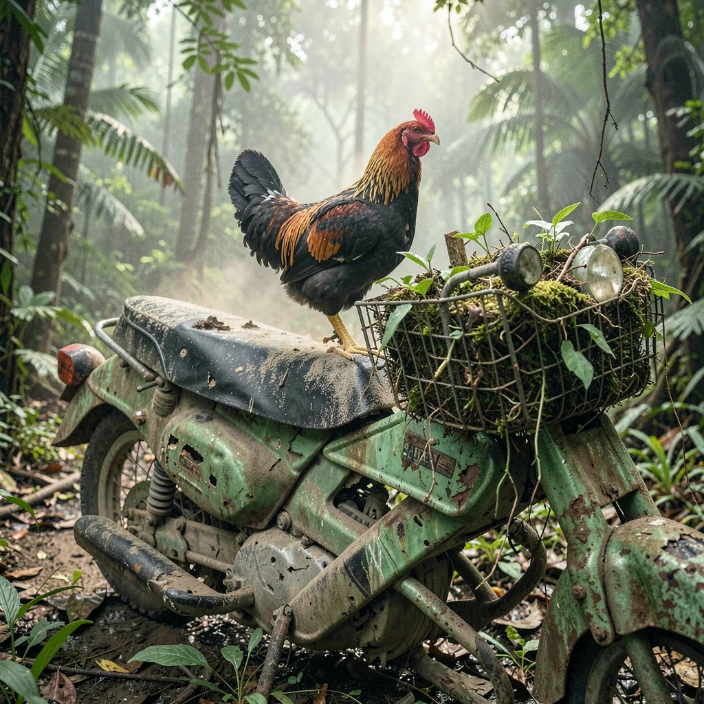 Tropical weathered surfaces, humid atmosphere, A chicken roosting on an abandone